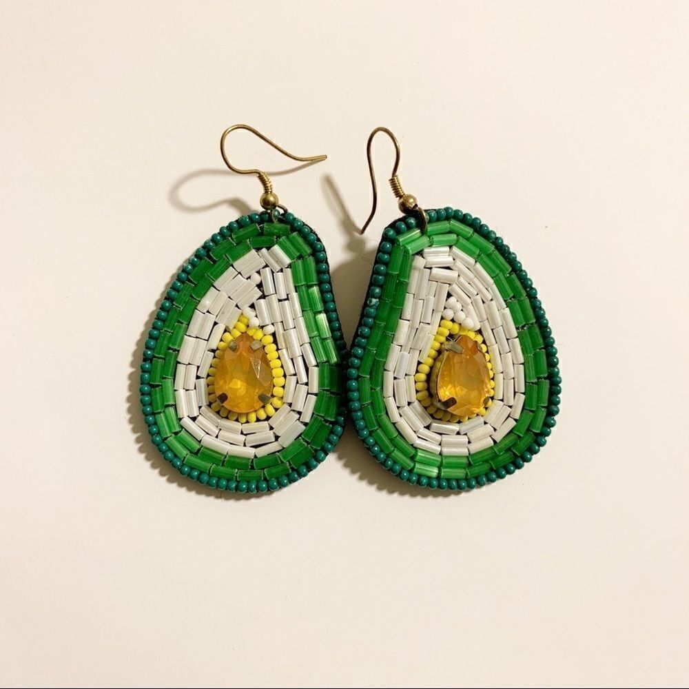Bohemian Beaded Avocado Drop Earrings, White/Green